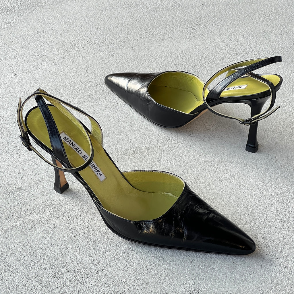 Manolo Blahnik | Vintage Black Leather Green Insole Ankle Wrap Pointed Toe Heels (37)
