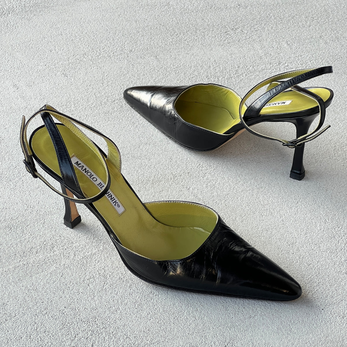 Manolo Blahnik | Vintage Black Leather Green Insole Ankle Wrap Pointed Toe Heels (37)
