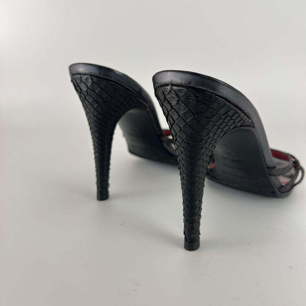 Sergio Rossi | Black Python Leather Strappy Sandal Slide Mules (38)