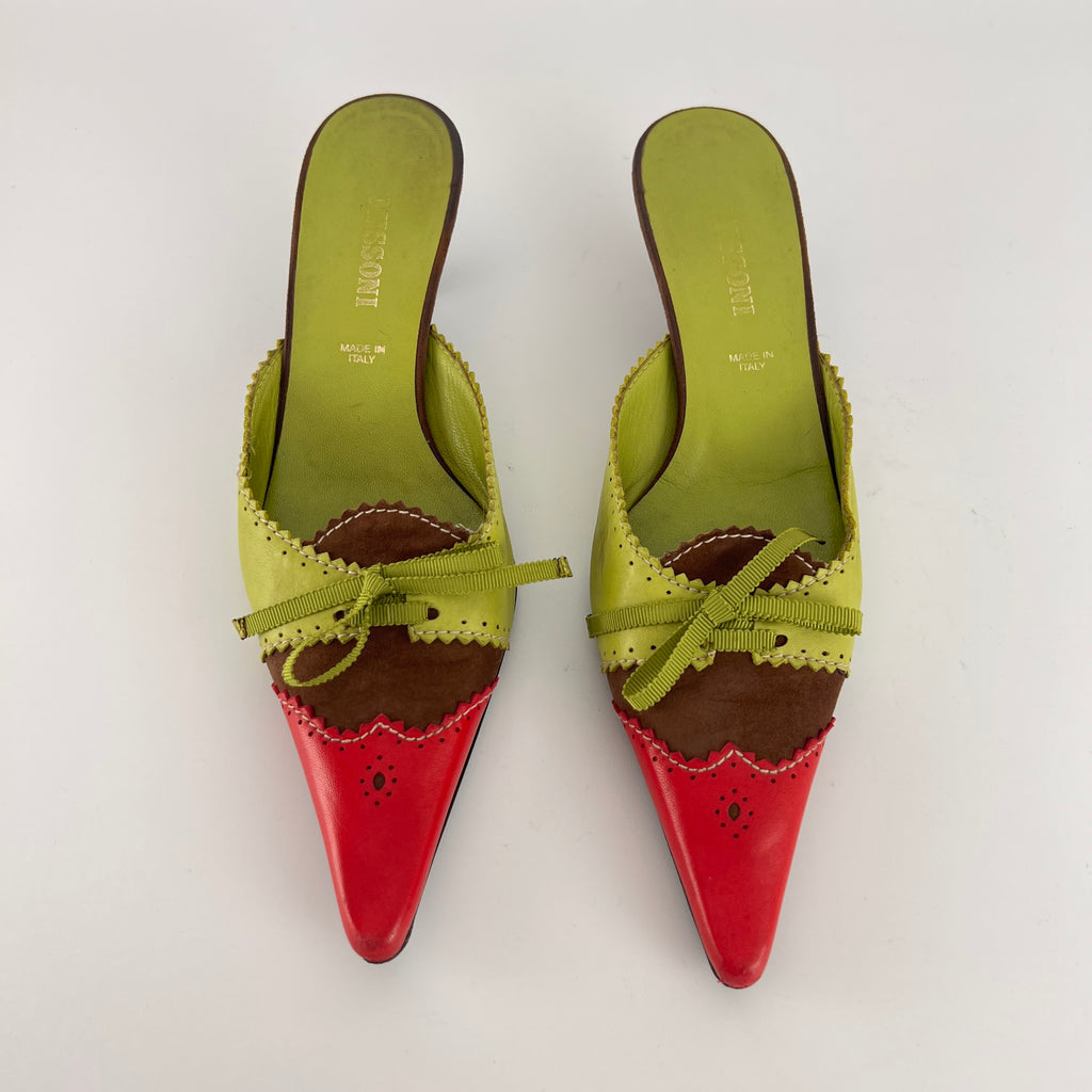 Missoni | Vintage Red Green Leather Ribbon Bow Pointed Toe Kitten Heel Mules (37)