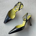 Manolo Blahnik | Vintage Black Leather Green Insole Ankle Wrap Pointed Toe Heels (37)