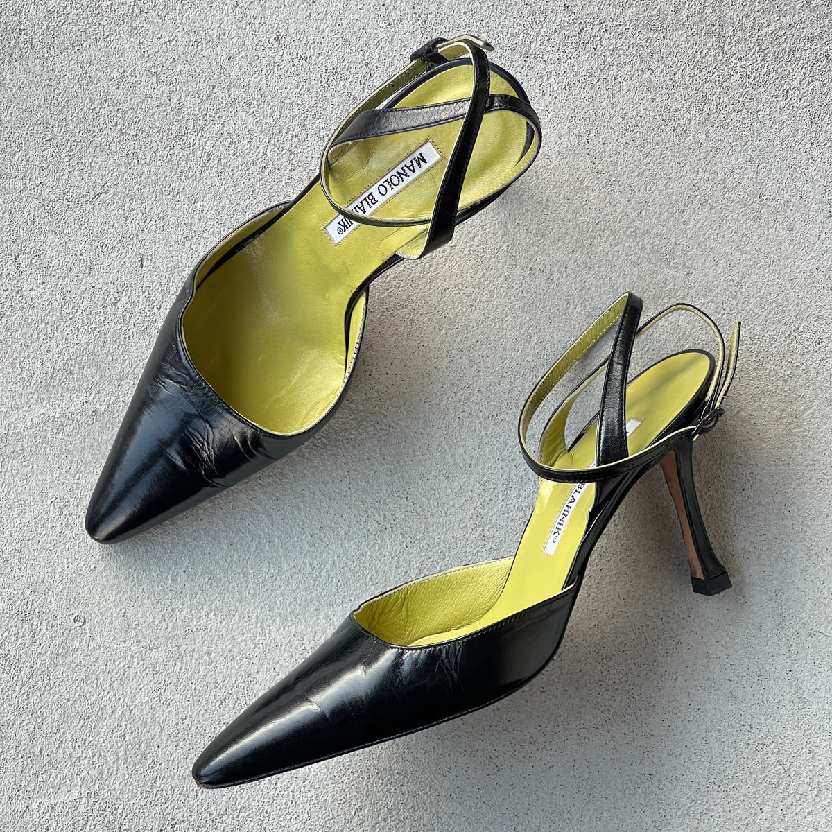 Manolo Blahnik | Vintage Black Leather Green Insole Ankle Wrap Pointed Toe Heels (37)