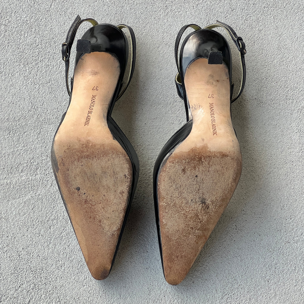 Manolo Blahnik | Vintage Black Leather Green Insole Ankle Wrap Pointed Toe Heels (37)