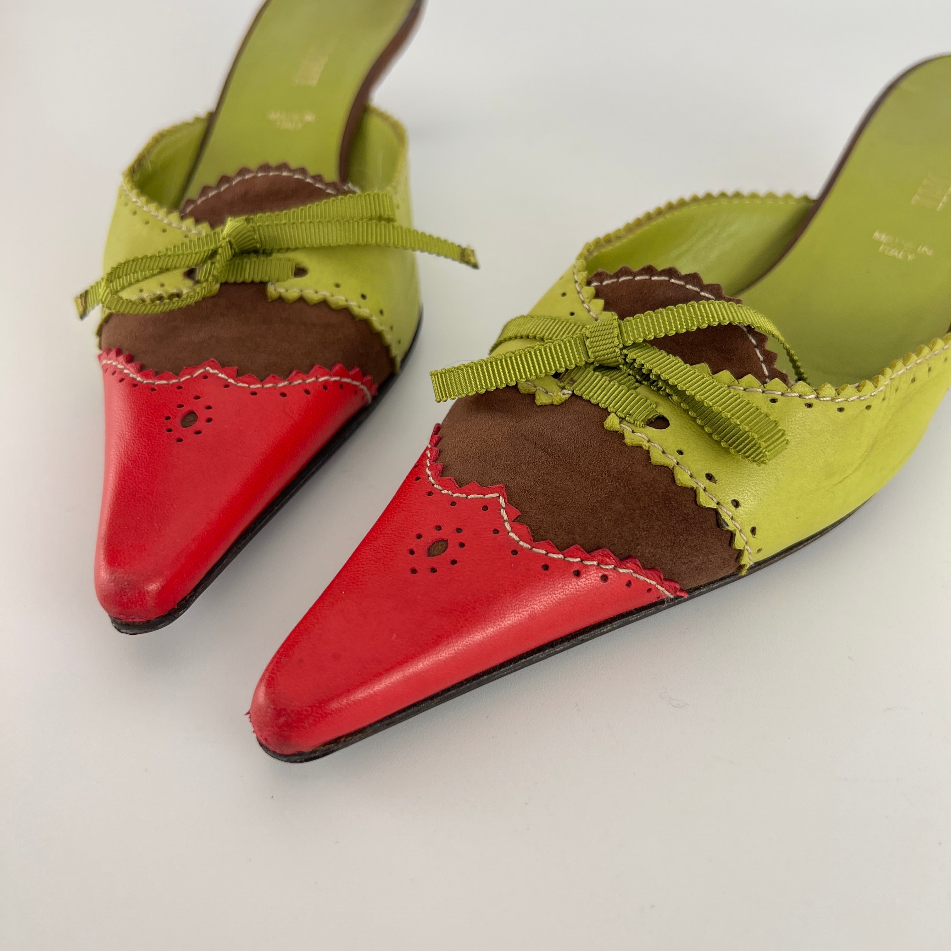 Missoni | Vintage Red Green Leather Ribbon Bow Pointed Toe Kitten Heel Mules (37)