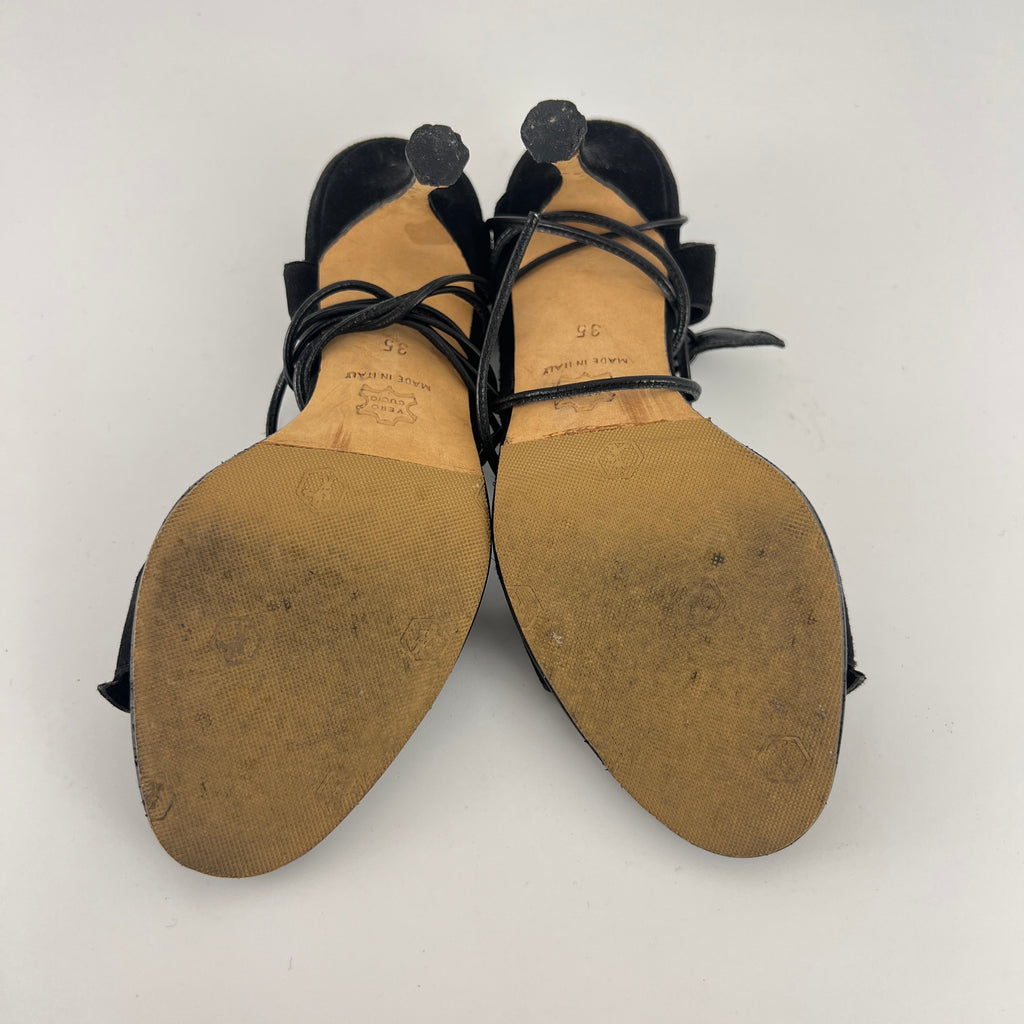 Manolo Blahnik | Black Suede Leather Cut-Out Ankle Lace Up Heels (35)