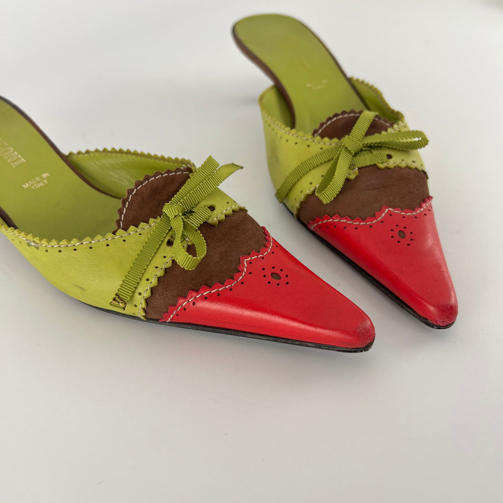 Missoni | Vintage Red Green Leather Ribbon Bow Pointed Toe Kitten Heel Mules (37)