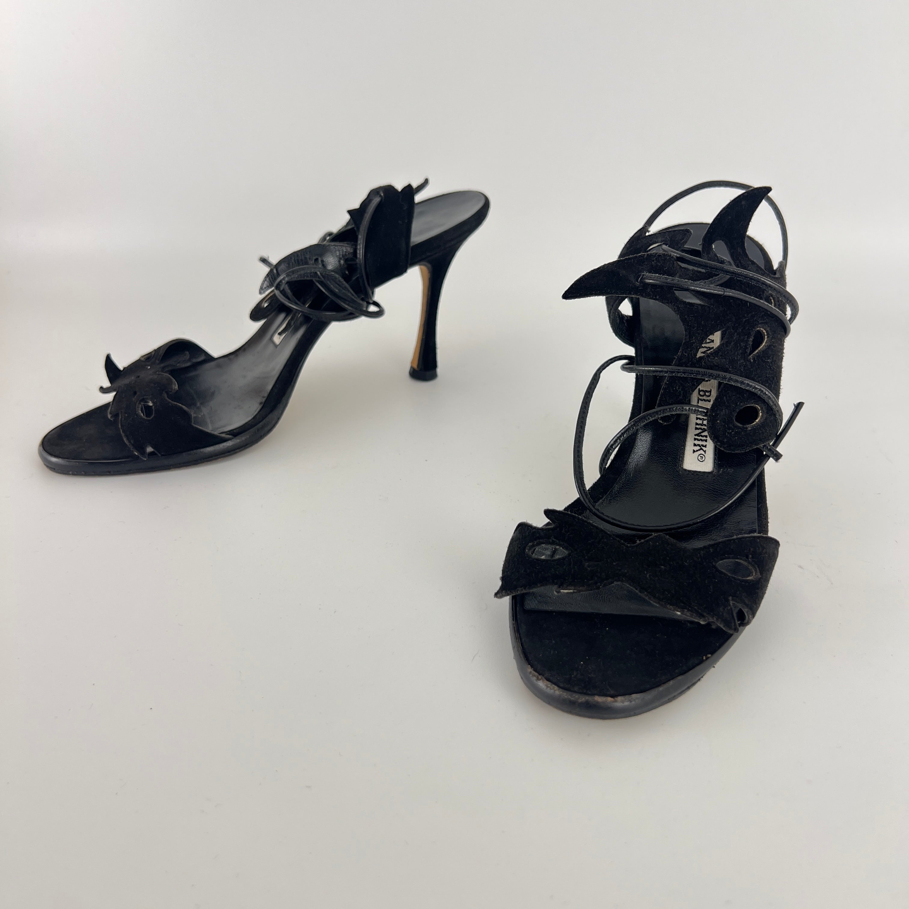 Manolo Blahnik | Black Suede Leather Cut-Out Ankle Lace Up Heels (35)