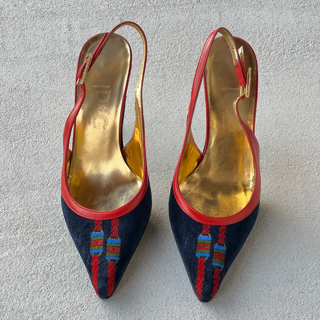 Dolce & Gabbana | Vintage D&G Logo Velvet Black Leather Slingback Heels (35)