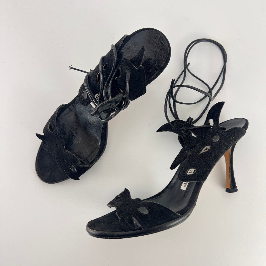 Manolo Blahnik | Black Suede Leather Cut-Out Ankle Lace Up Heels (35)
