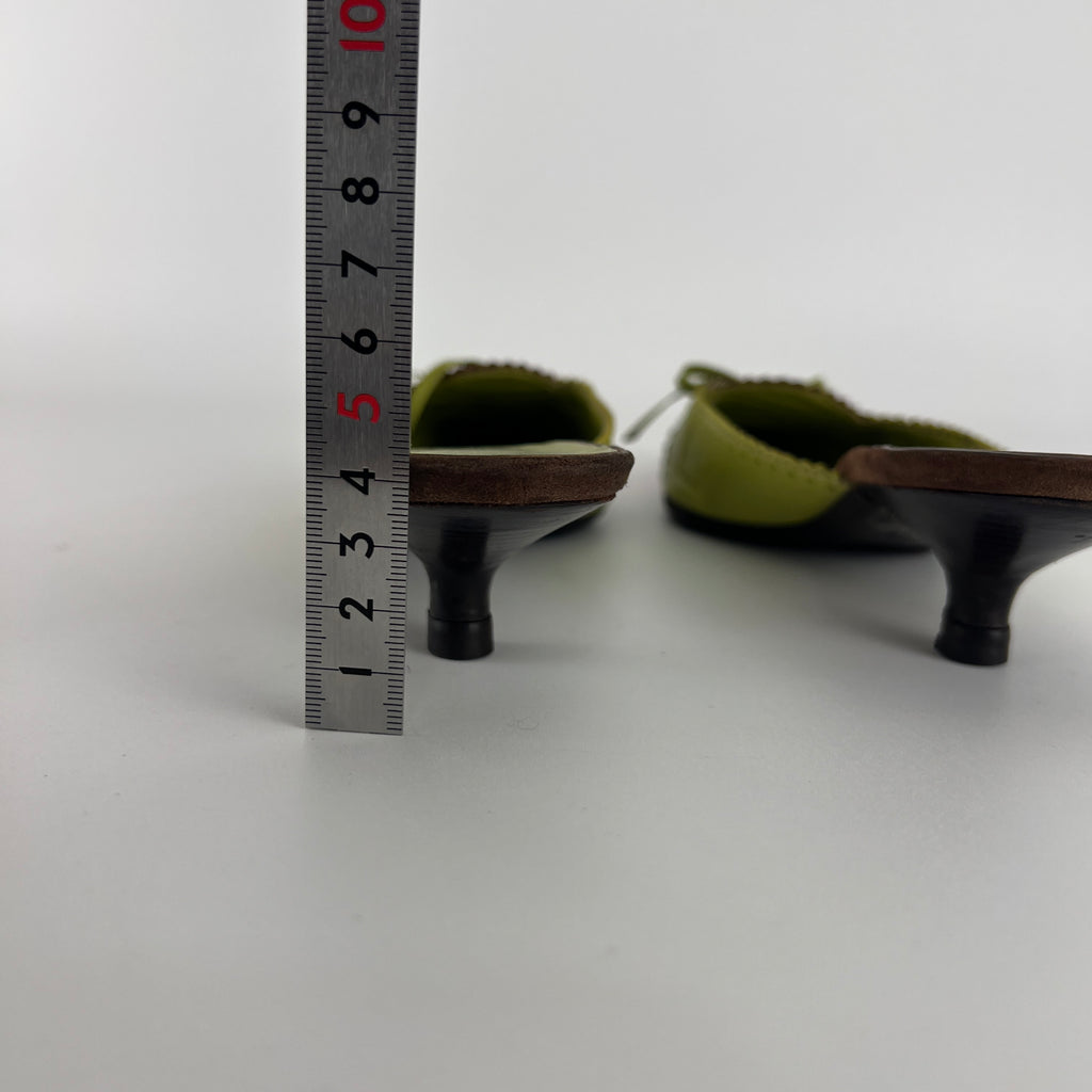 Missoni | Vintage Red Green Leather Ribbon Bow Pointed Toe Kitten Heel Mules (37)