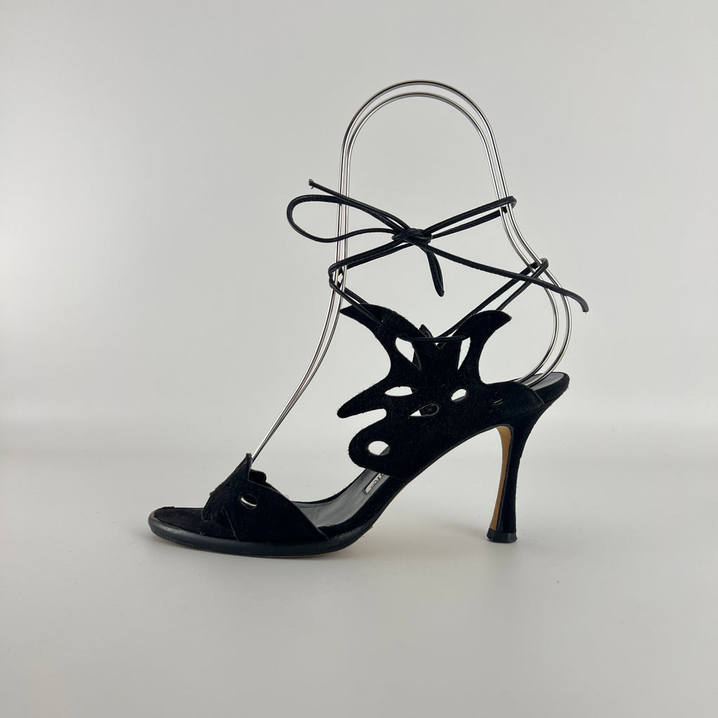 Manolo Blahnik | Black Suede Leather Cut-Out Ankle Lace Up Heels (35)