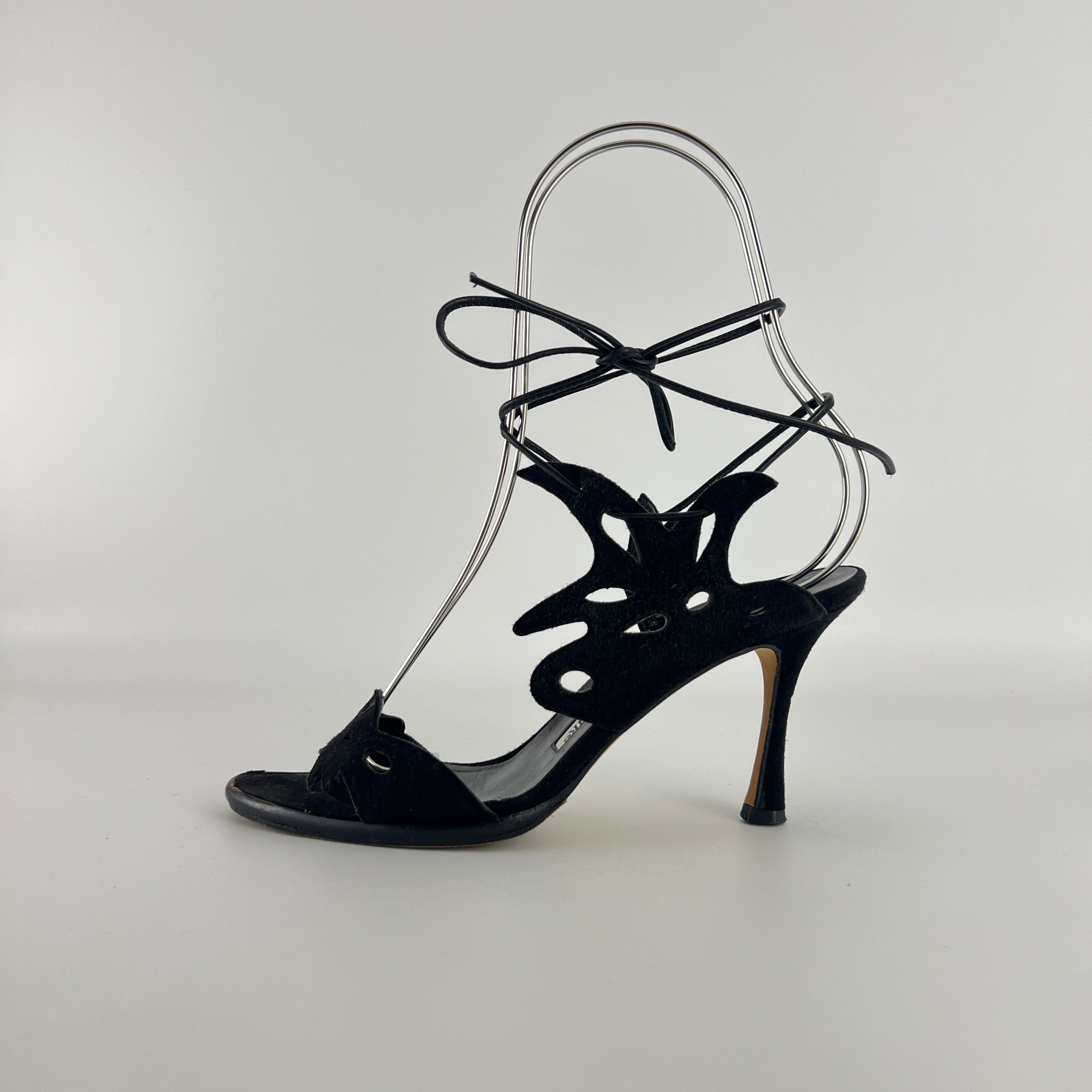 Manolo Blahnik | Black Suede Leather Cut-Out Ankle Lace Up Heels (35)