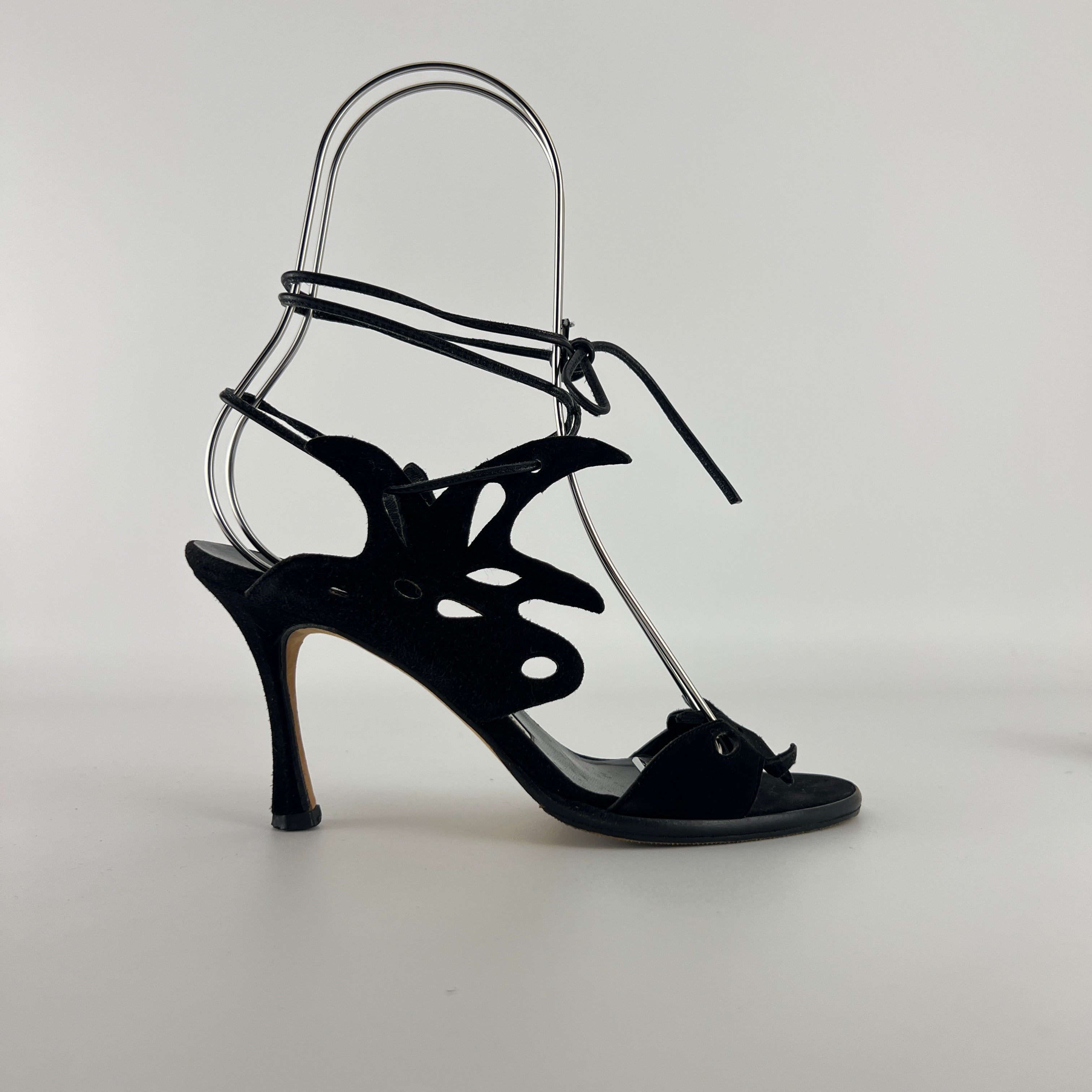 Manolo Blahnik | Black Suede Leather Cut-Out Ankle Lace Up Heels (35)