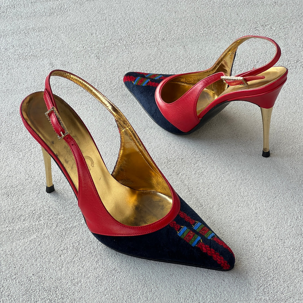 Dolce & Gabbana | Vintage D&G Logo Velvet Black Leather Slingback Heels (35)
