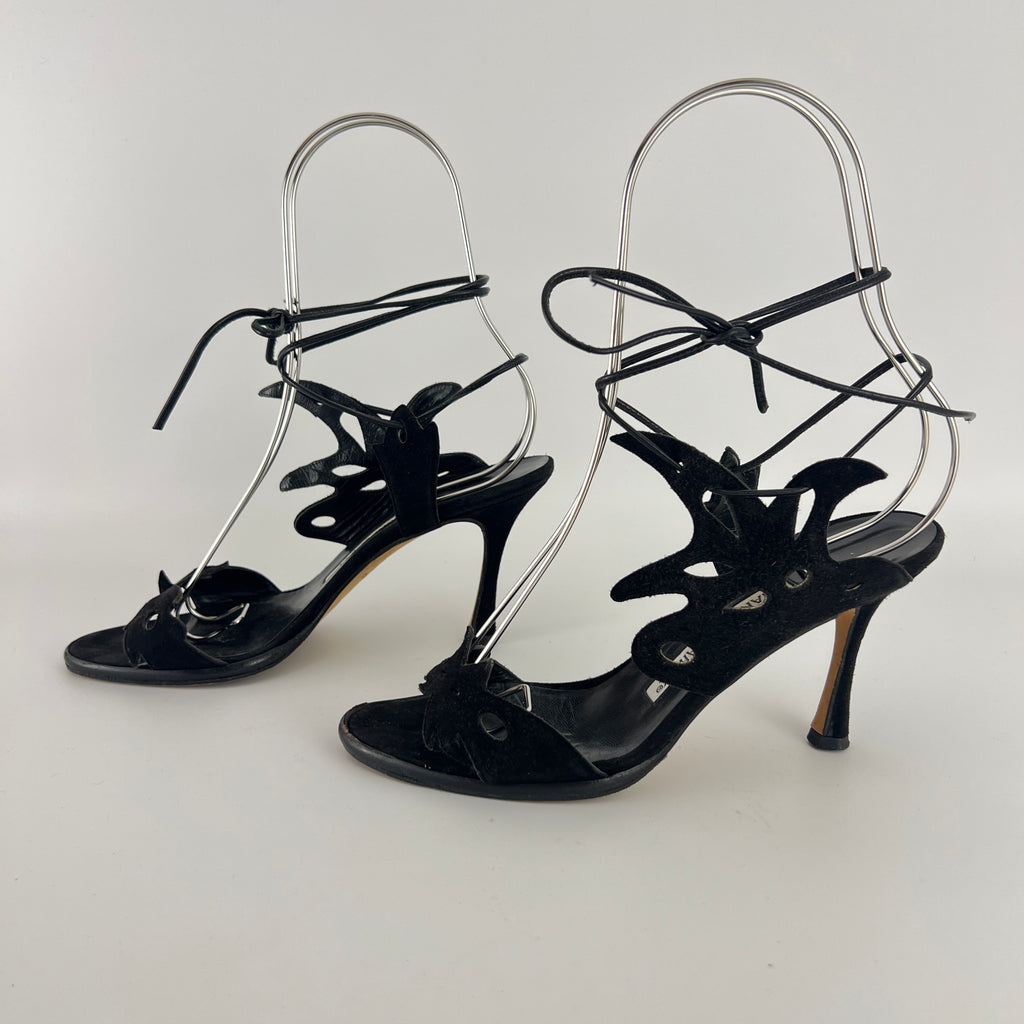 Manolo Blahnik | Black Suede Leather Cut-Out Ankle Lace Up Heels (35)
