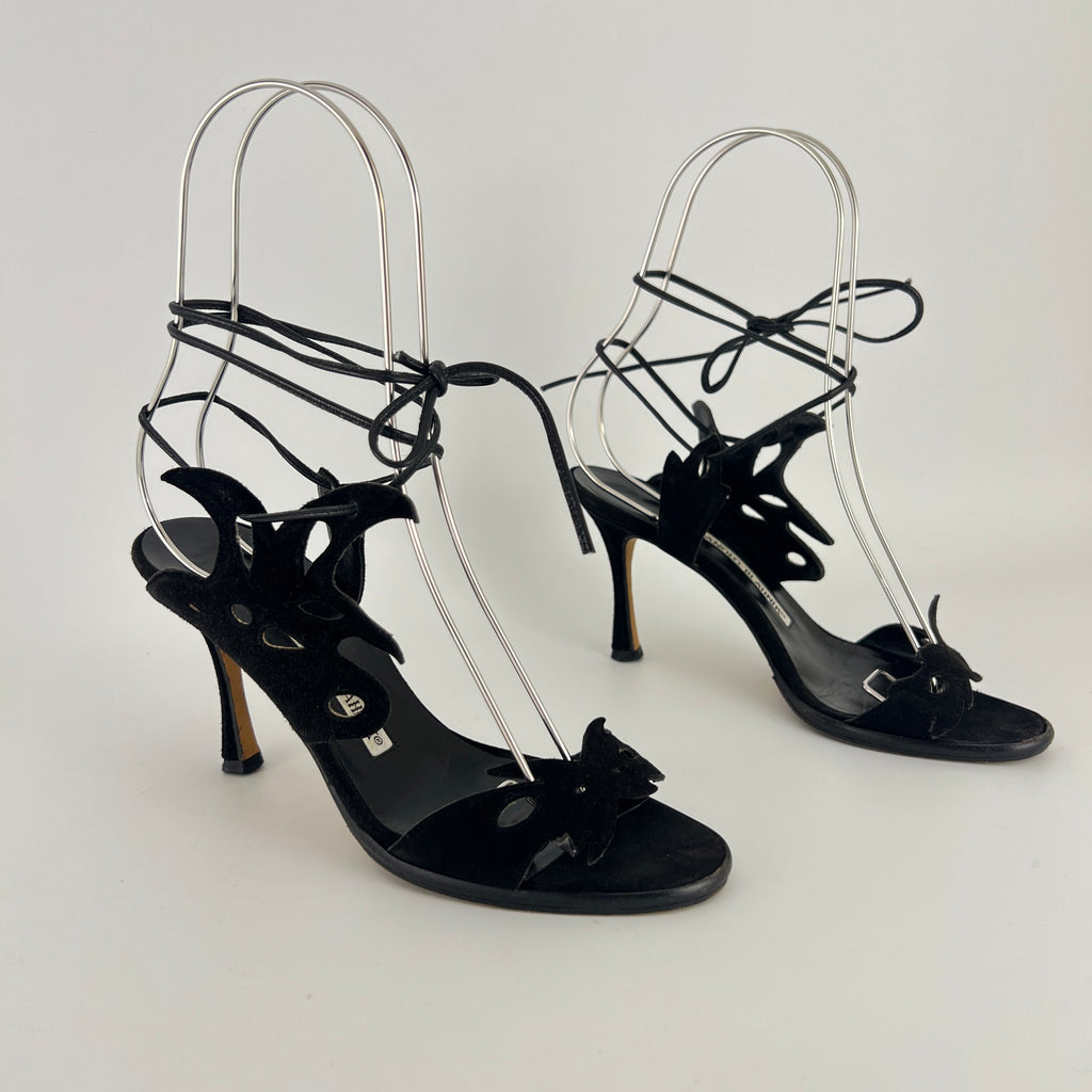 Manolo Blahnik | Black Suede Leather Cut-Out Ankle Lace Up Heels (35)