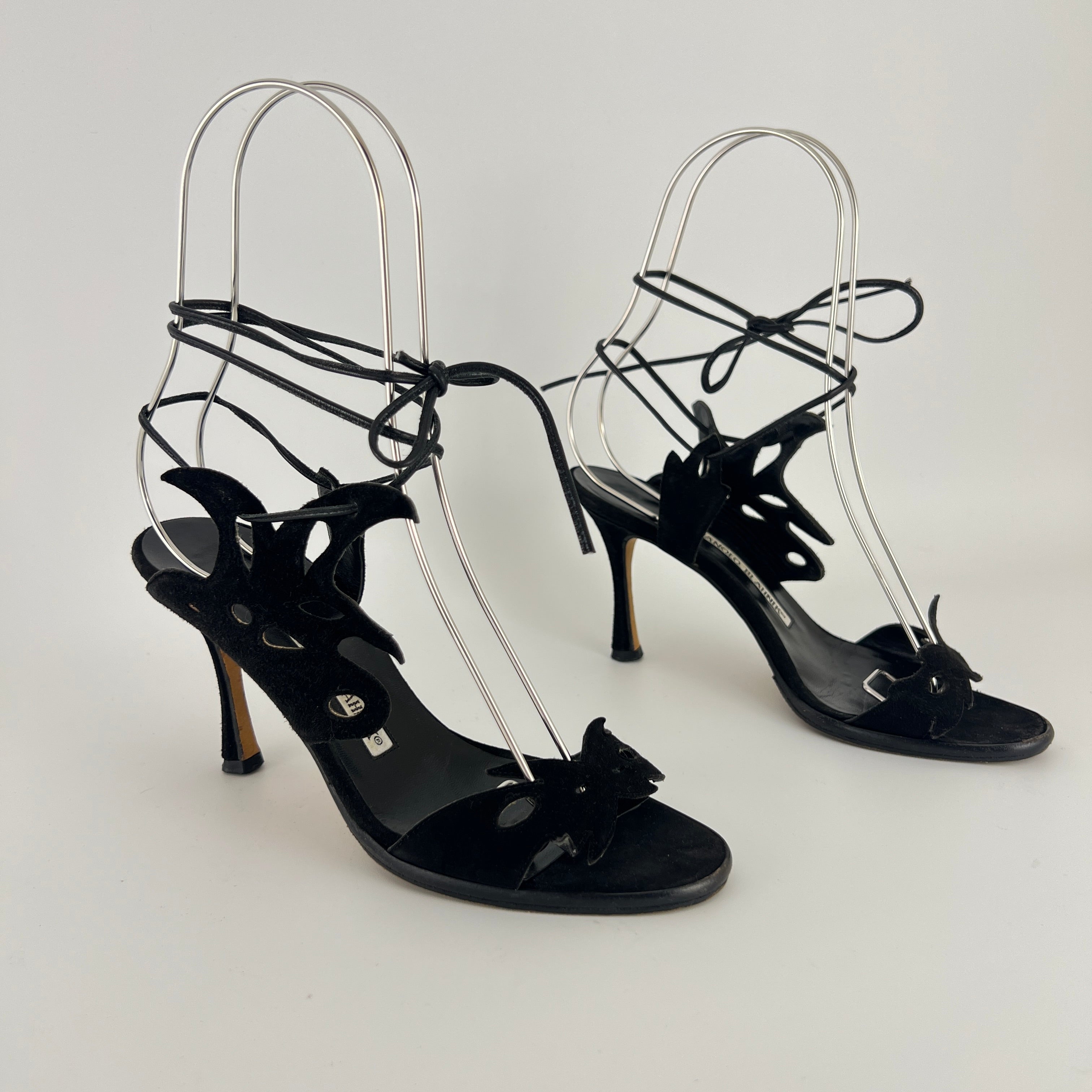 Manolo Blahnik | Black Suede Leather Cut-Out Ankle Lace Up Heels (35)