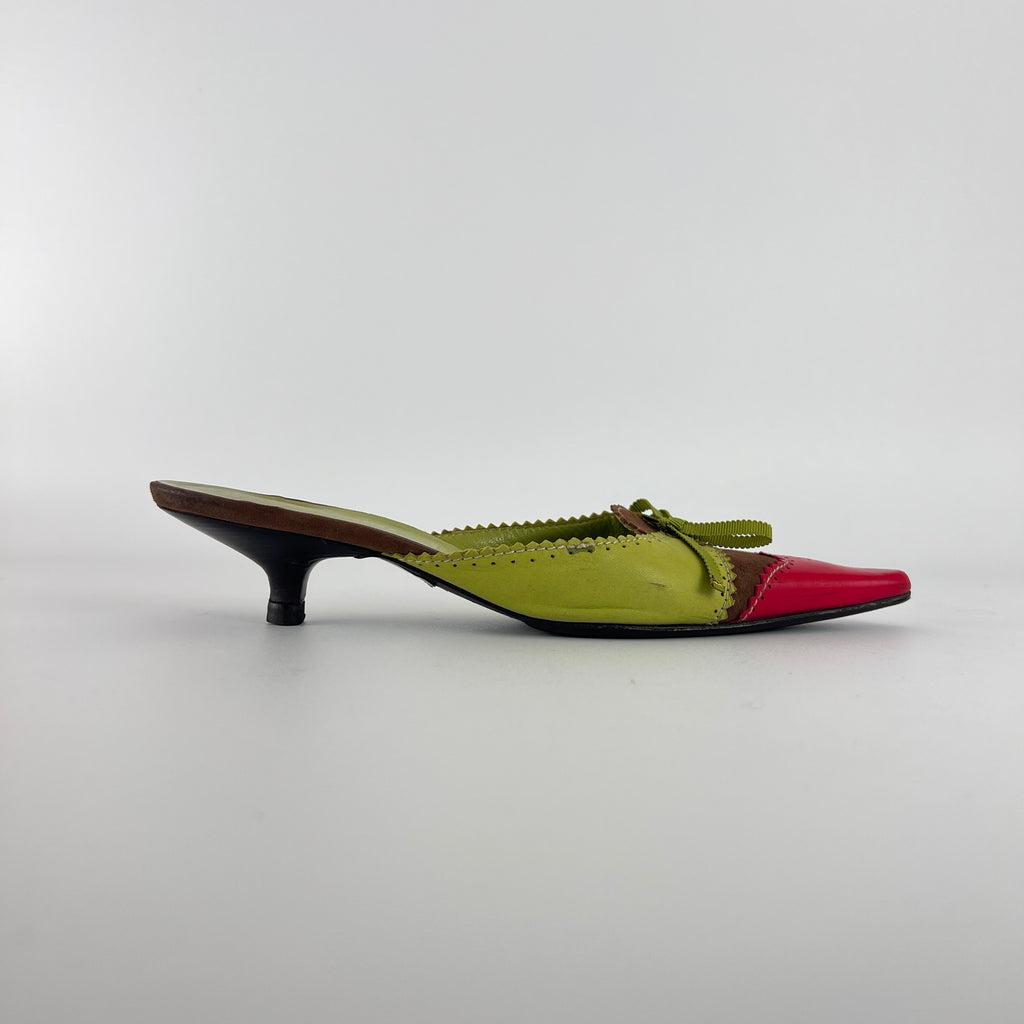 Missoni | Vintage Red Green Leather Ribbon Bow Pointed Toe Kitten Heel Mules (37)