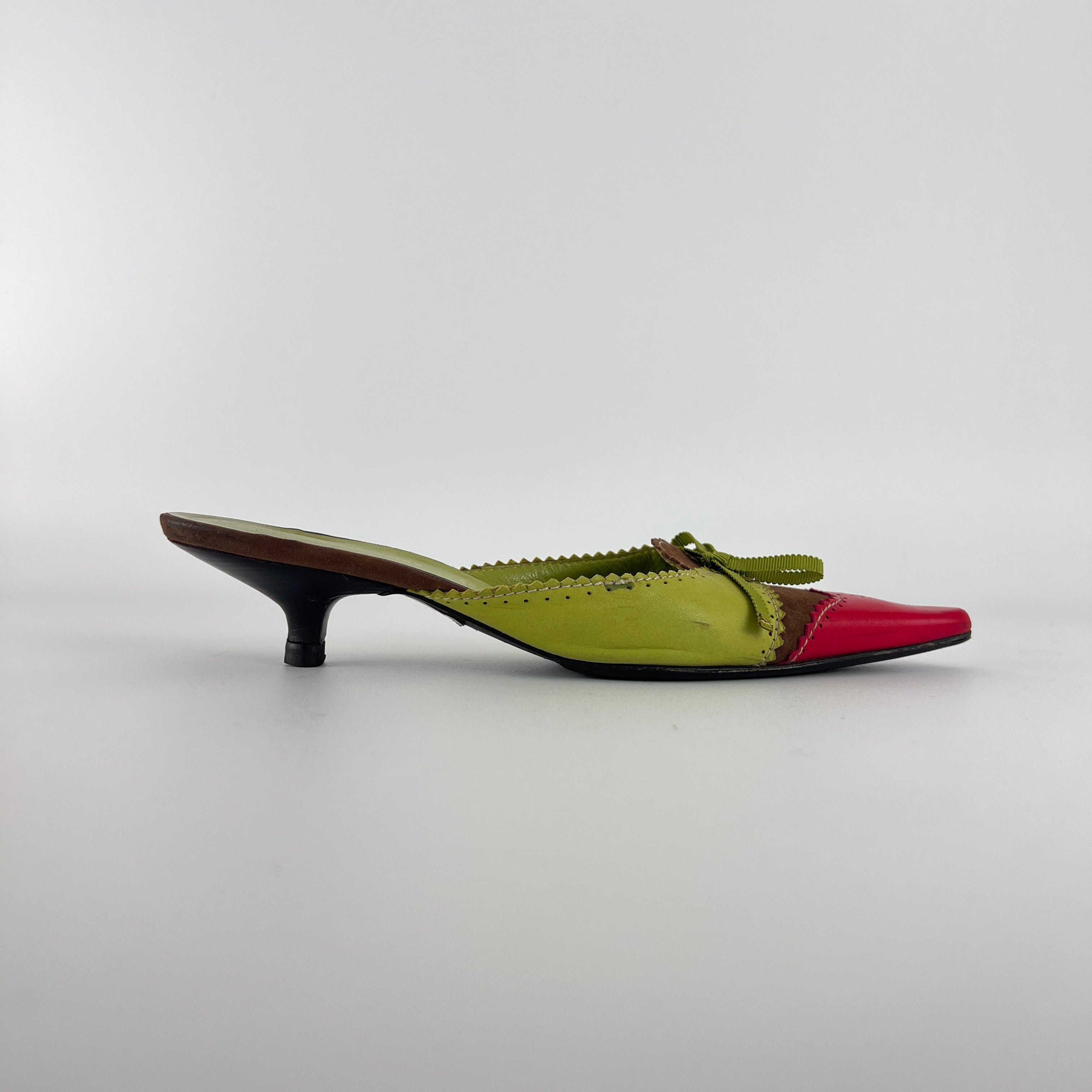 Missoni | Vintage Red Green Leather Ribbon Bow Pointed Toe Kitten Heel Mules (37)