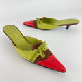 Missoni | Vintage Red Green Leather Ribbon Bow Pointed Toe Kitten Heel Mules (37)