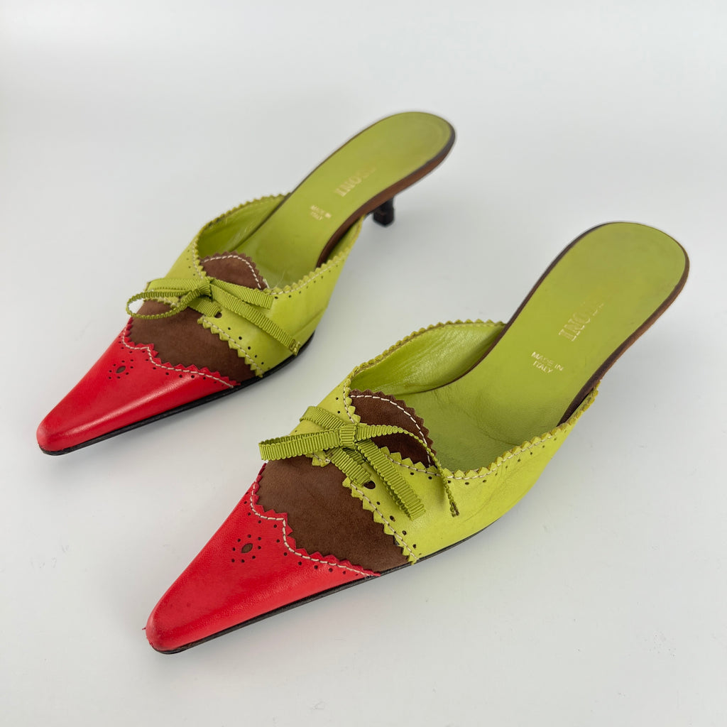 Missoni | Vintage Red Green Leather Ribbon Bow Pointed Toe Kitten Heel Mules (37)