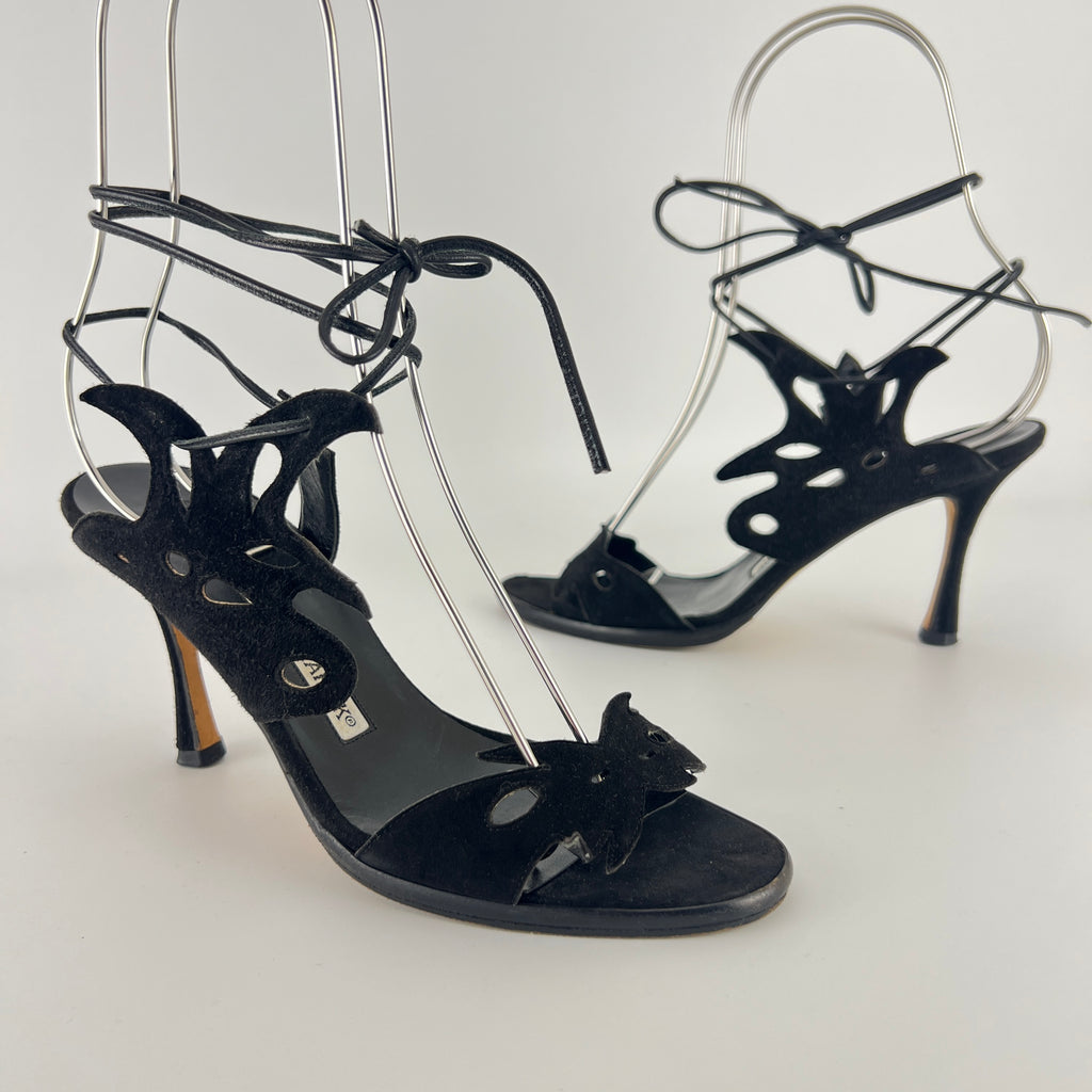 Manolo Blahnik | Black Suede Leather Cut-Out Ankle Lace Up Heels (35)