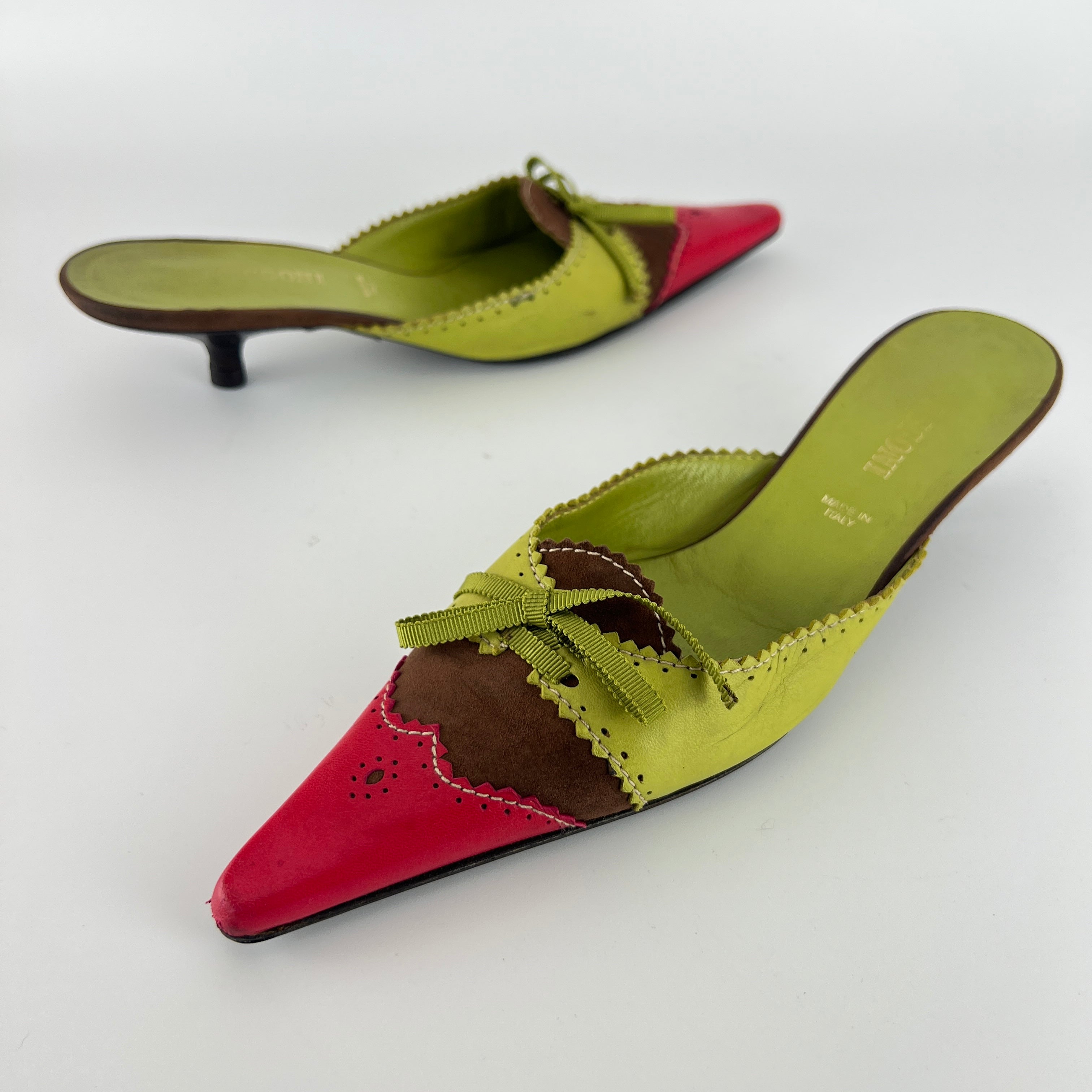 Missoni | Vintage Red Green Leather Ribbon Bow Pointed Toe Kitten Heel Mules (37)