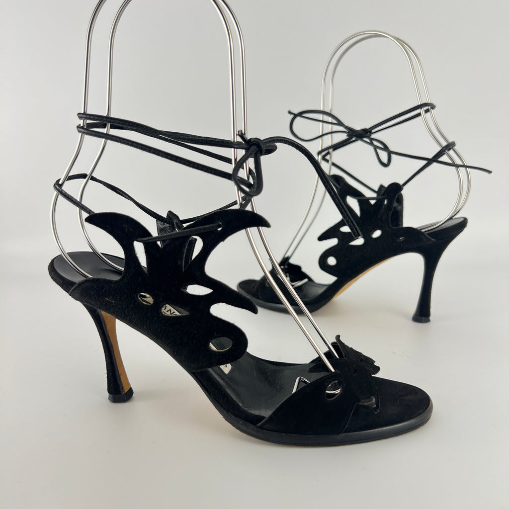 Manolo Blahnik | Black Suede Leather Cut-Out Ankle Lace Up Heels (35)