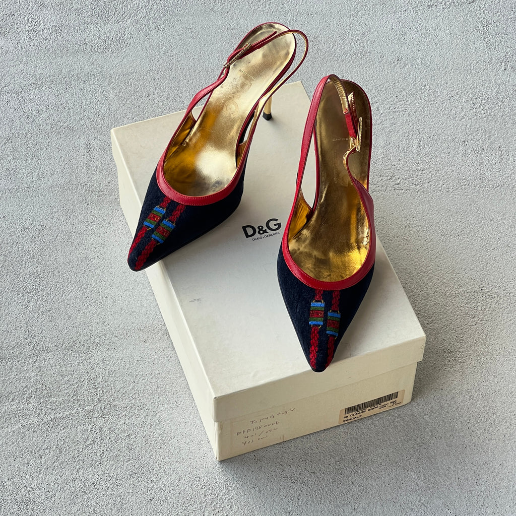 Dolce & Gabbana | Vintage D&G Logo Velvet Black Leather Slingback Heels (35)