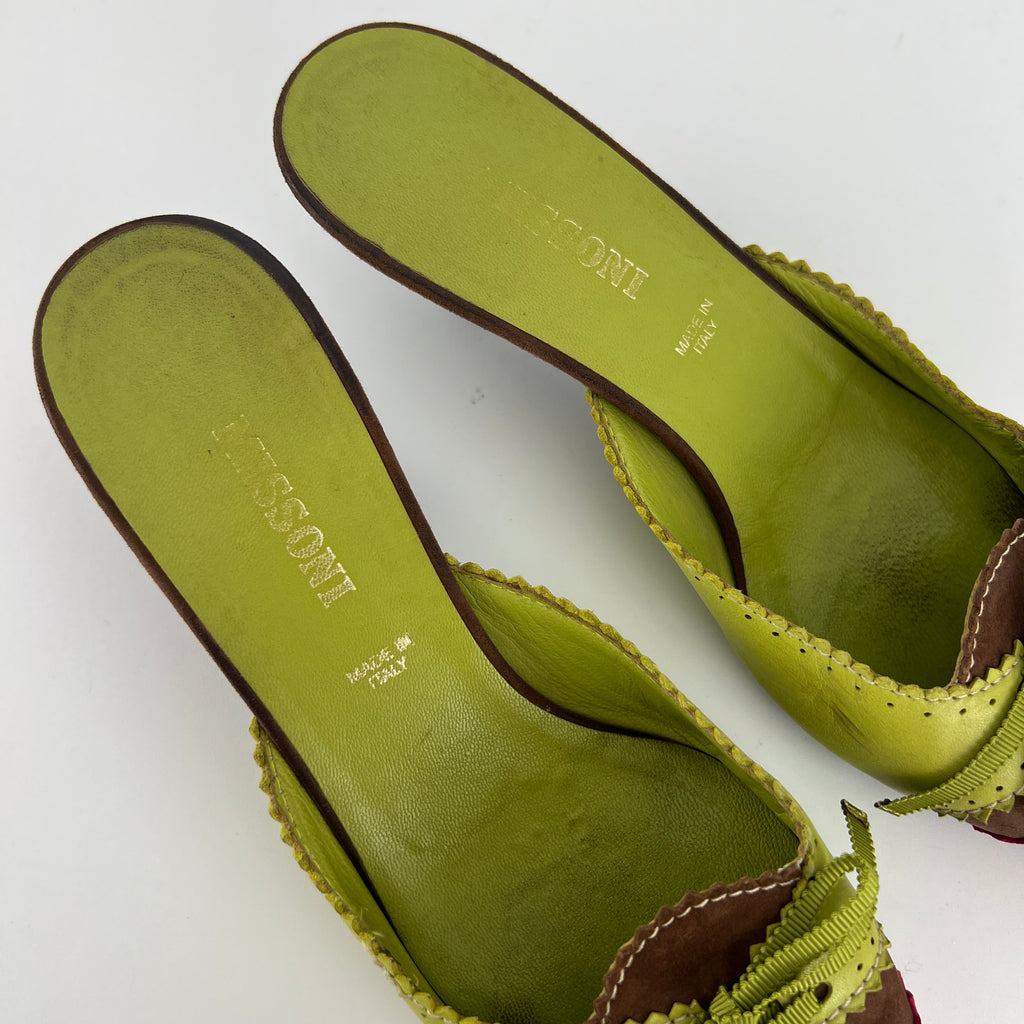 Missoni | Vintage Red Green Leather Ribbon Bow Pointed Toe Kitten Heel Mules (37)