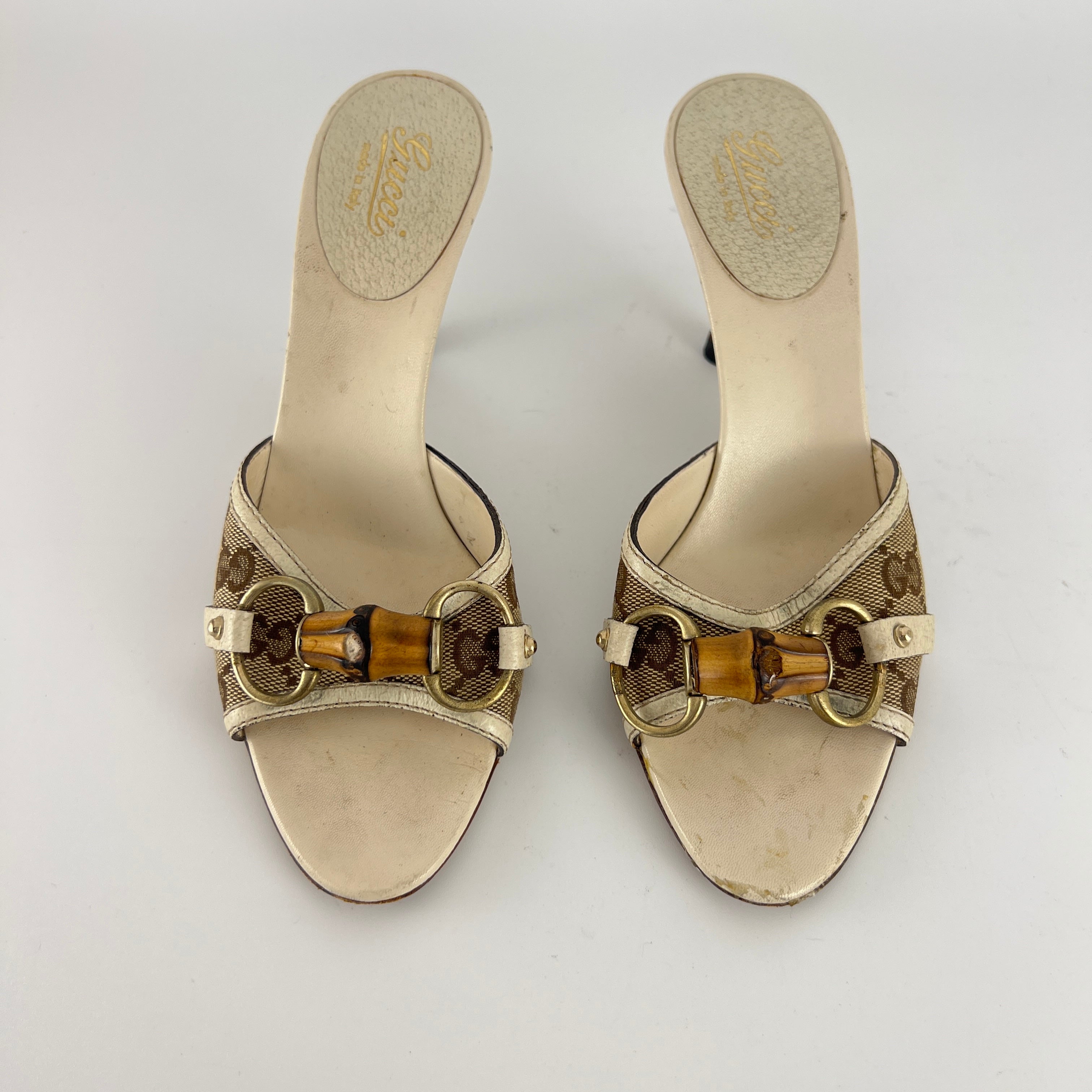 Gucci | Vintage Beige GG Monogram Bamboo Horse Bit Slide Sandal Mules (35.5)