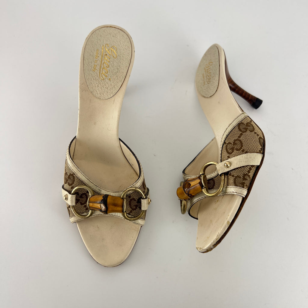 Gucci | Vintage Beige GG Monogram Bamboo Horse Bit Slide Sandal Mules (35.5)