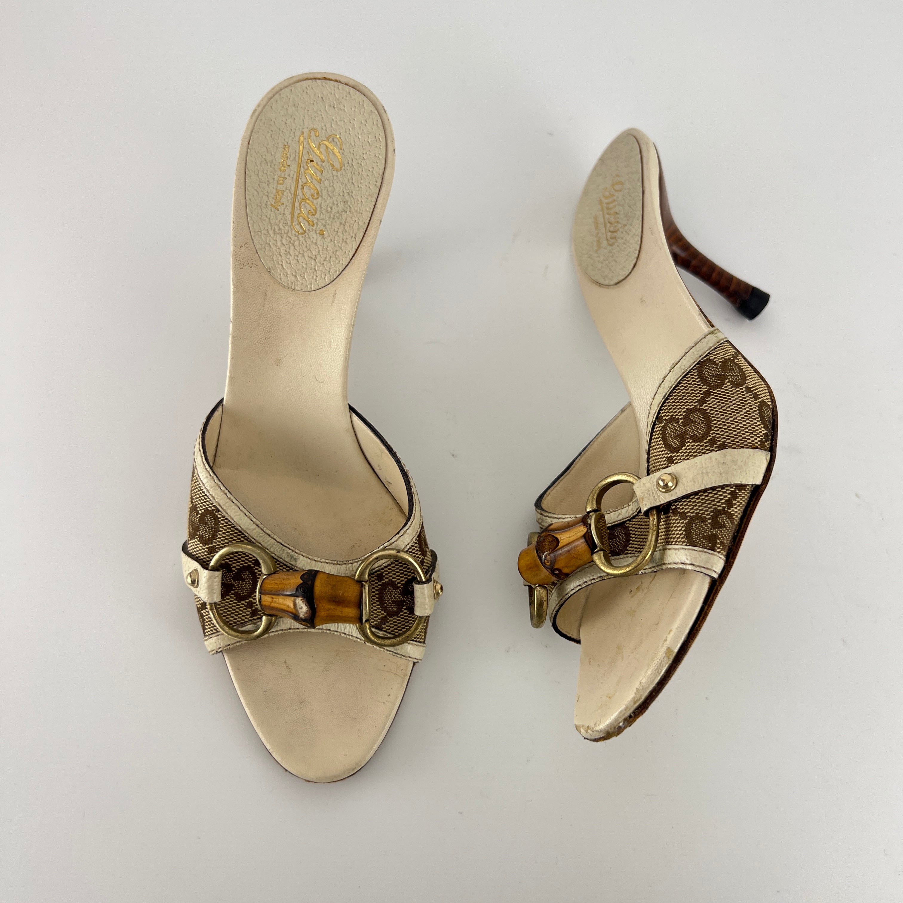 Gucci | Vintage Beige GG Monogram Bamboo Horse Bit Slide Sandal Mules (35.5)