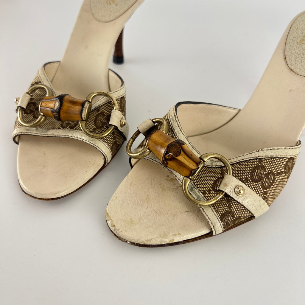 Gucci | Vintage Beige GG Monogram Bamboo Horse Bit Slide Sandal Mules (35.5)