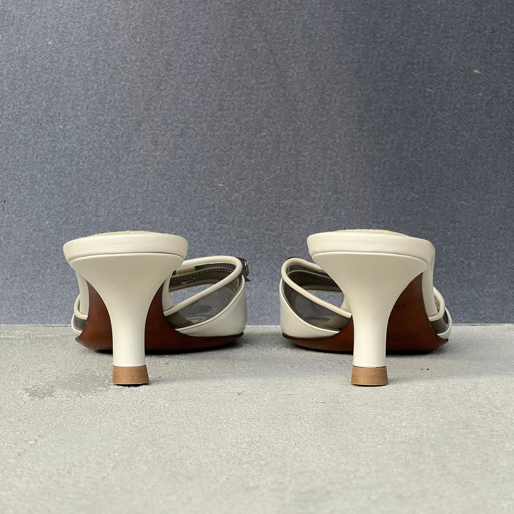 Louis Vuitton | White Leather Grey PVC Bow Slide Mules (37)