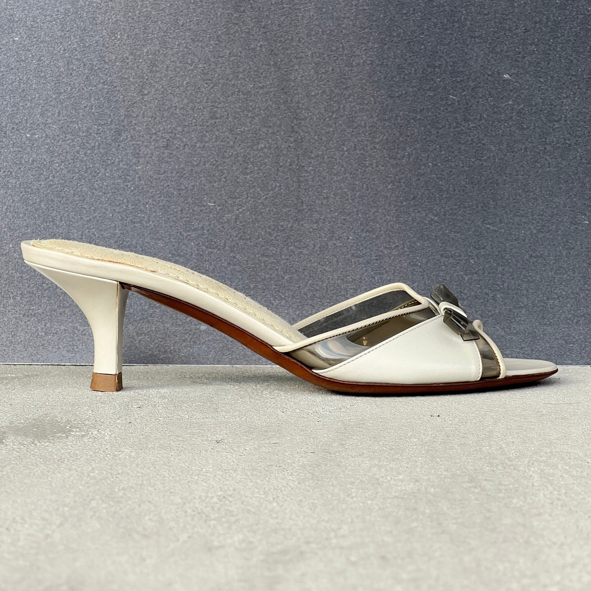 Louis Vuitton | White Leather Grey PVC Bow Slide Mules (37)