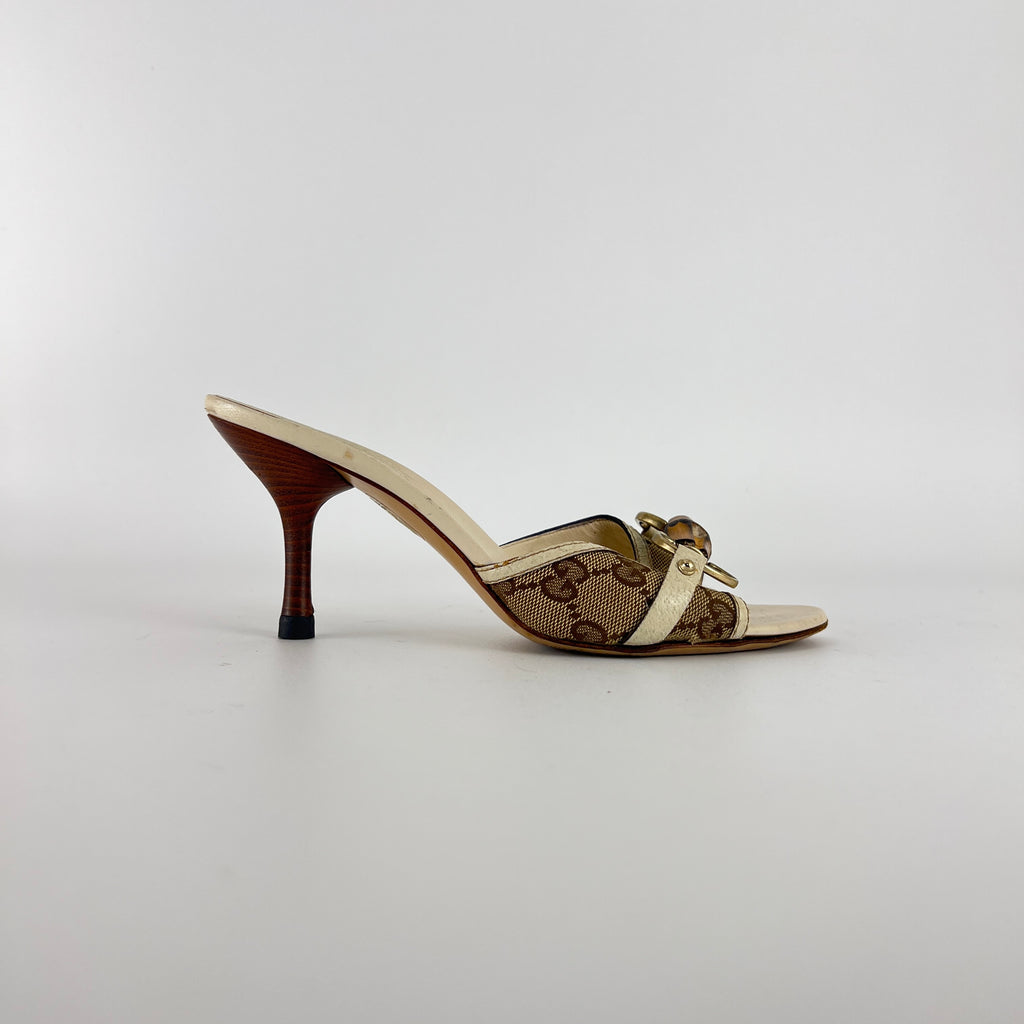 Gucci | Vintage Beige GG Monogram Bamboo Horse Bit Slide Sandal Mules (35.5)