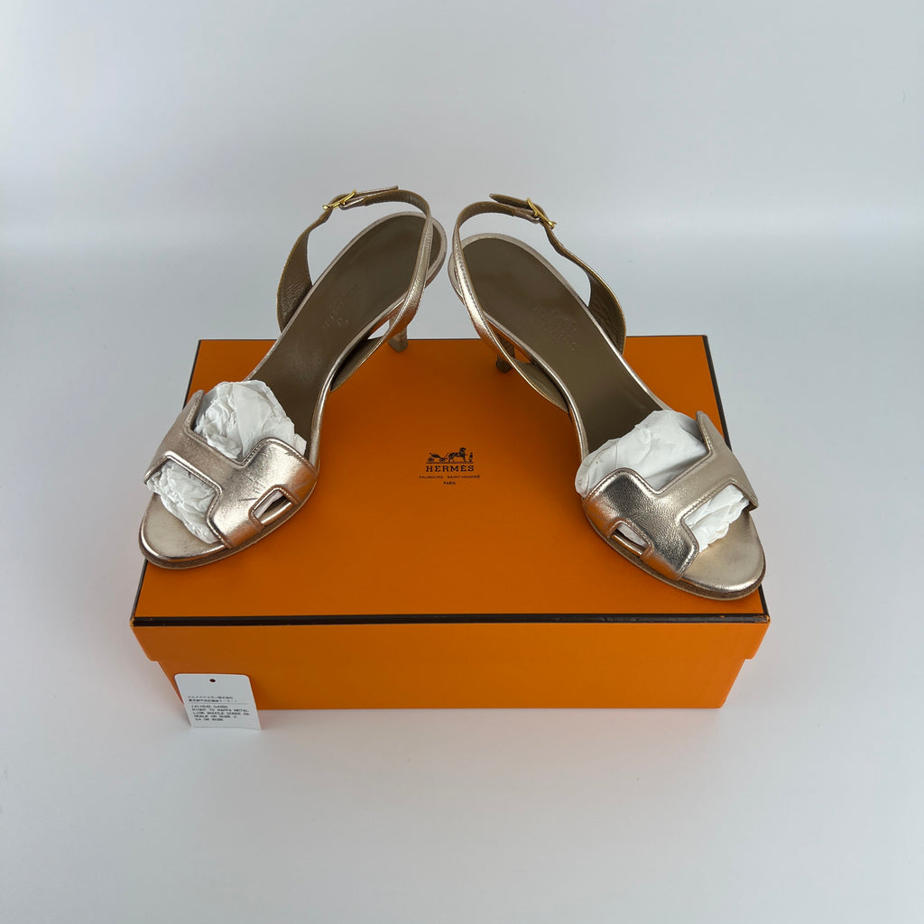 Hermes | Night 70 Metallic Gold H Logo Slingback Stiletto Heels (35)