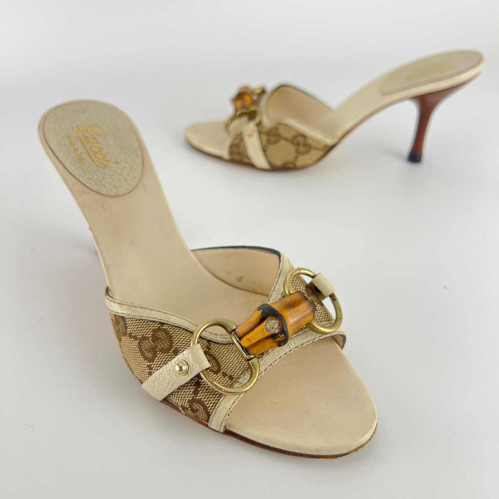 Gucci | Vintage Beige GG Monogram Bamboo Horse Bit Slide Sandal Mules (35.5)