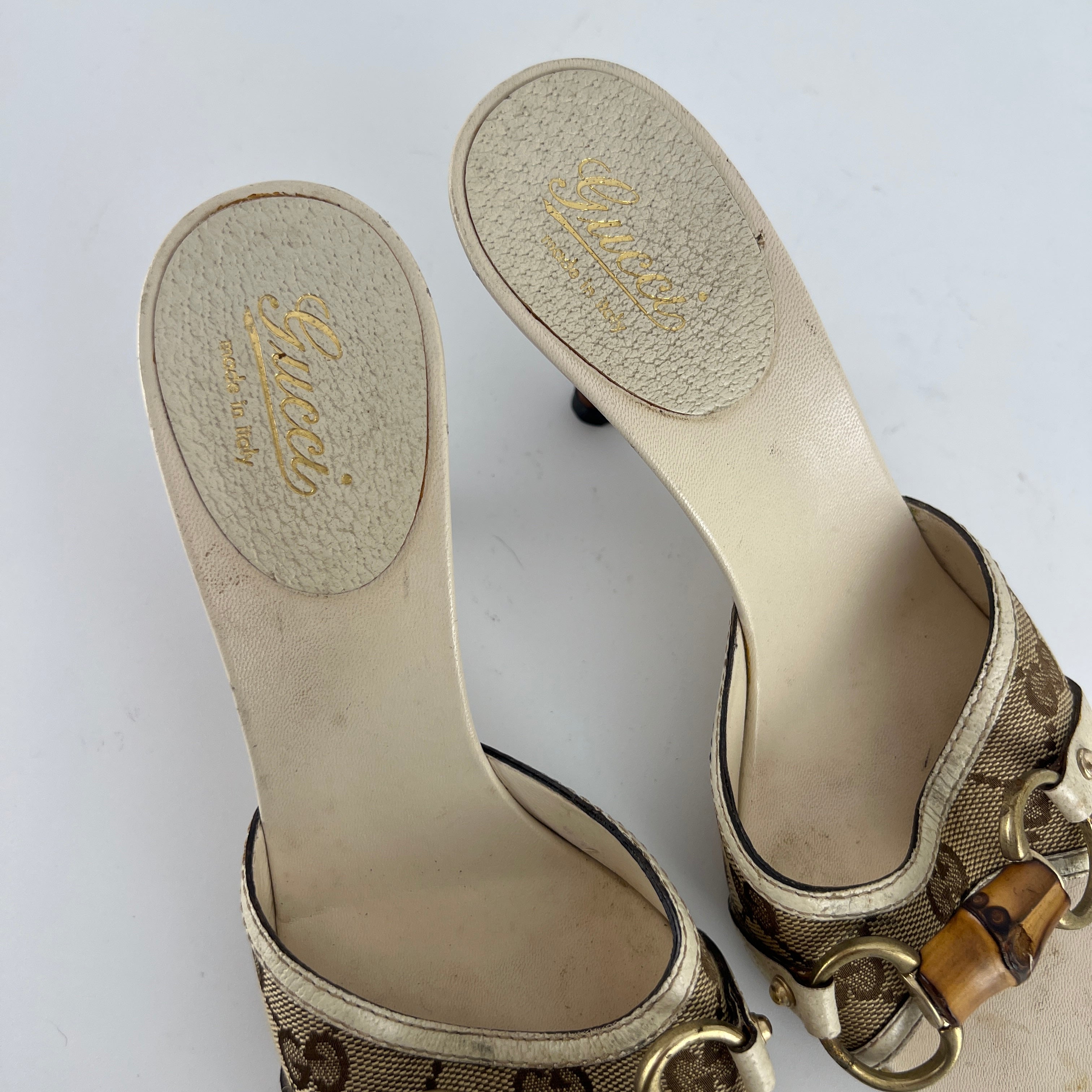 Gucci | Vintage Beige GG Monogram Bamboo Horse Bit Slide Sandal Mules (35.5)