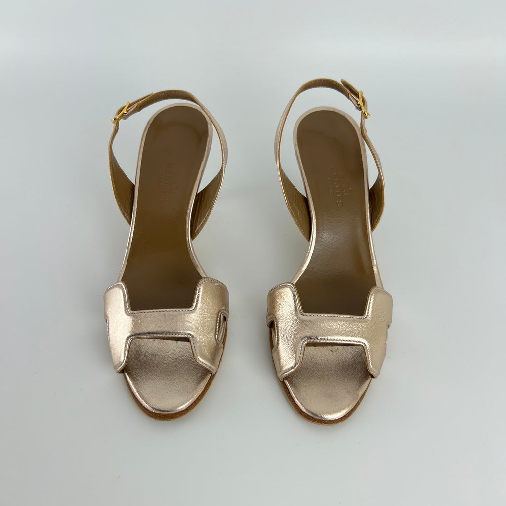 Hermes | Night 70 Metallic Gold H Logo Slingback Stiletto Heels (35)