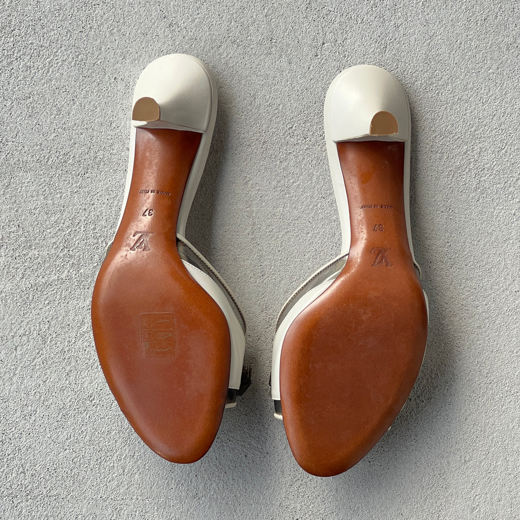 Louis Vuitton | White Leather Grey PVC Bow Slide Mules (37)