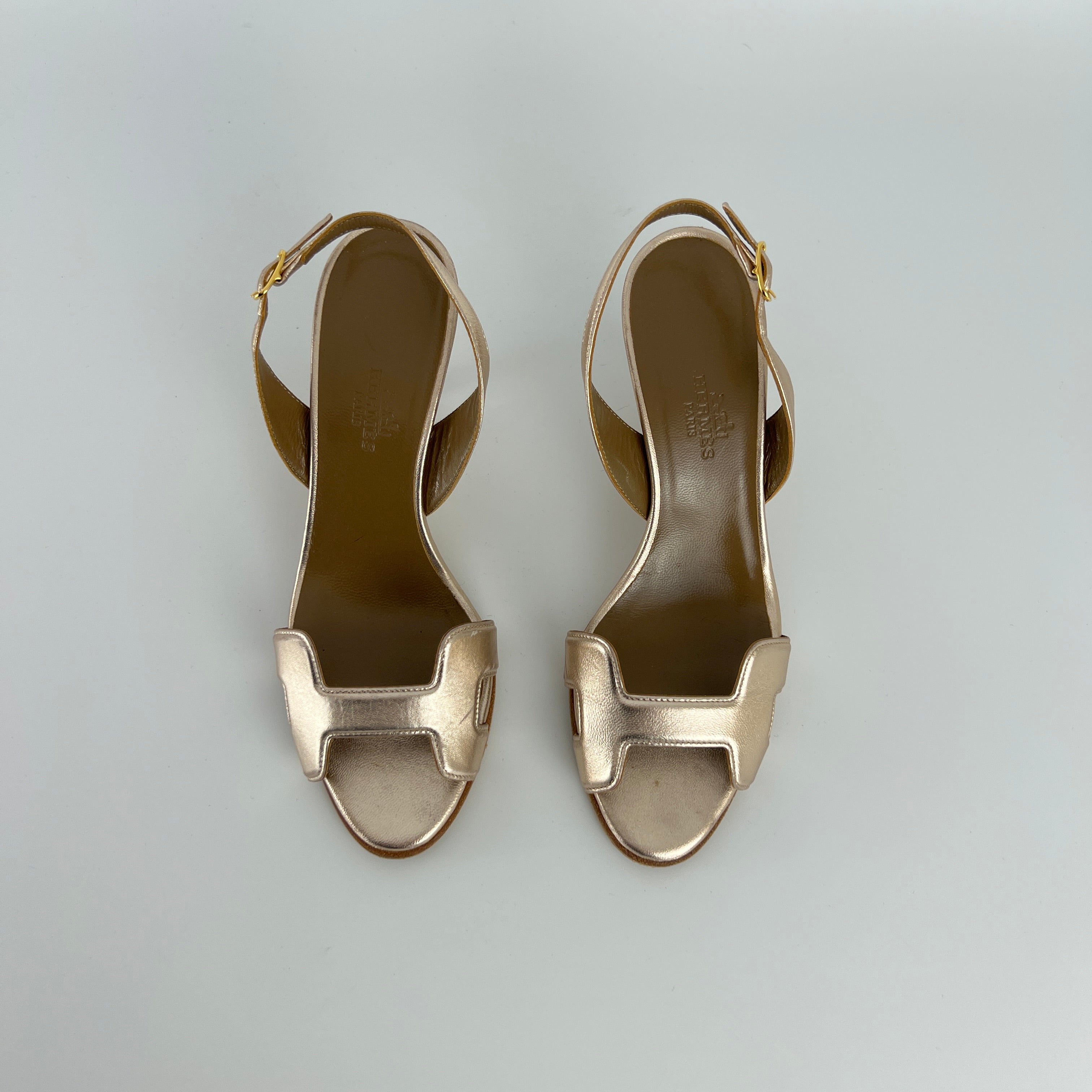 Hermes | Night 70 Metallic Gold H Logo Slingback Stiletto Heels (35)
