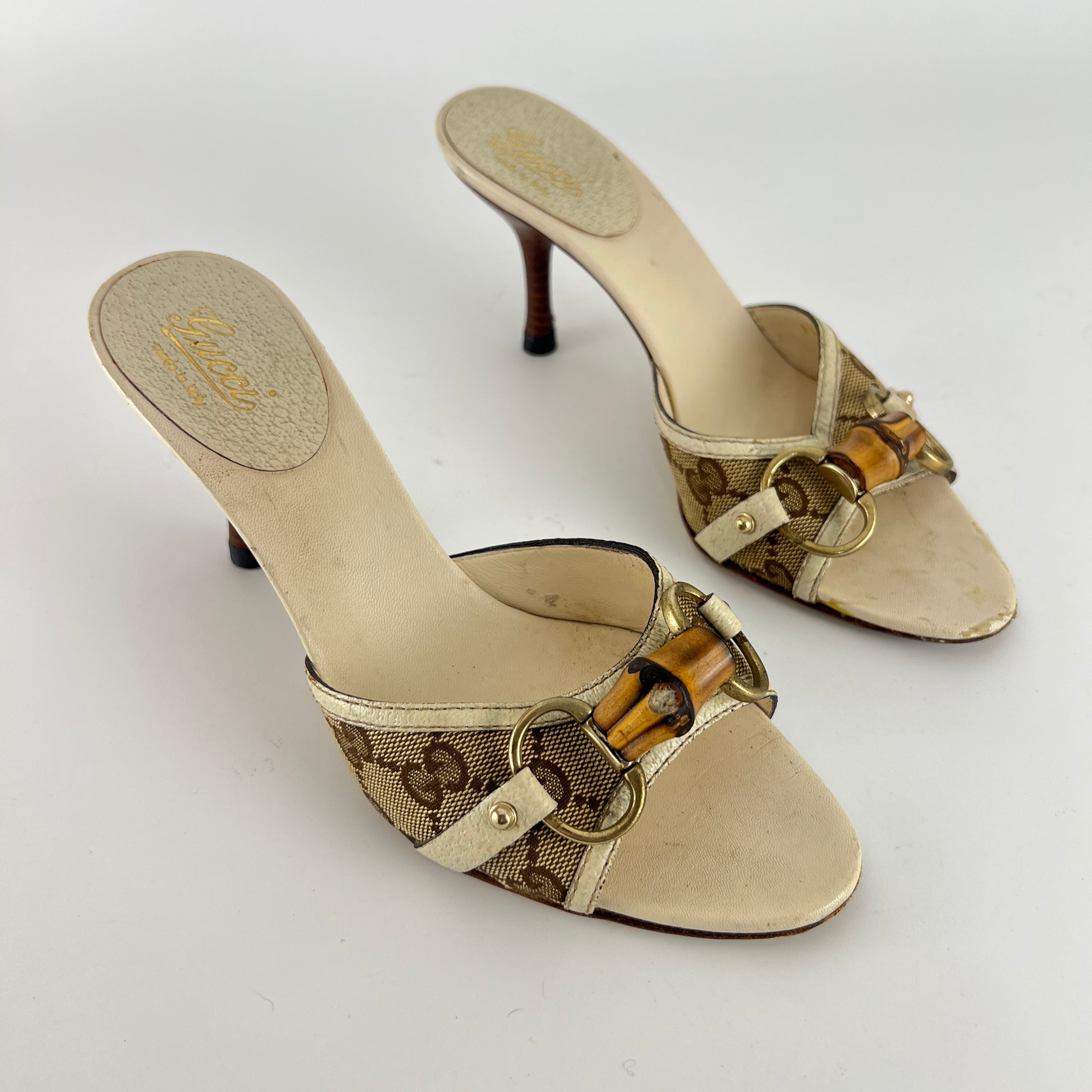 Gucci | Vintage Beige GG Monogram Bamboo Horse Bit Slide Sandal Mules (35.5)