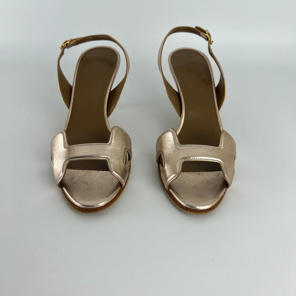Hermes | Night 70 Metallic Gold H Logo Slingback Stiletto Heels (35)