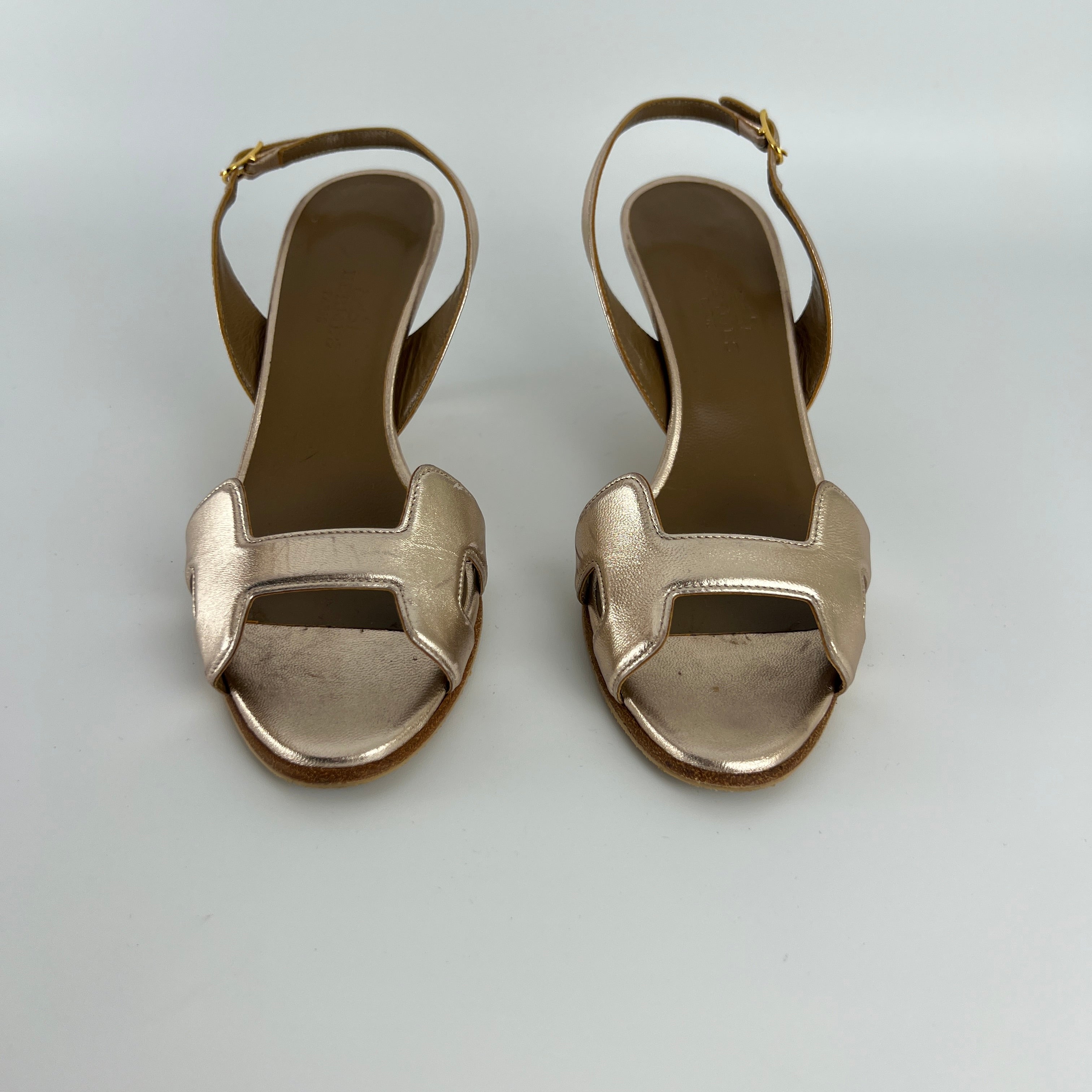 Hermes | Night 70 Metallic Gold H Logo Slingback Stiletto Heels (35)