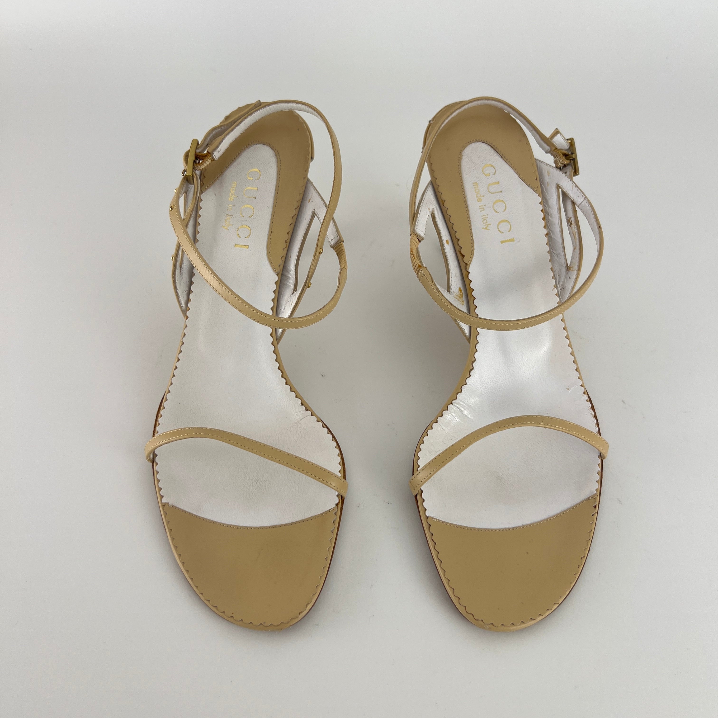 Gucci | Vintage Nude Leather Gold Studs Strappy Sandal Heels (7.5 , 37.5)