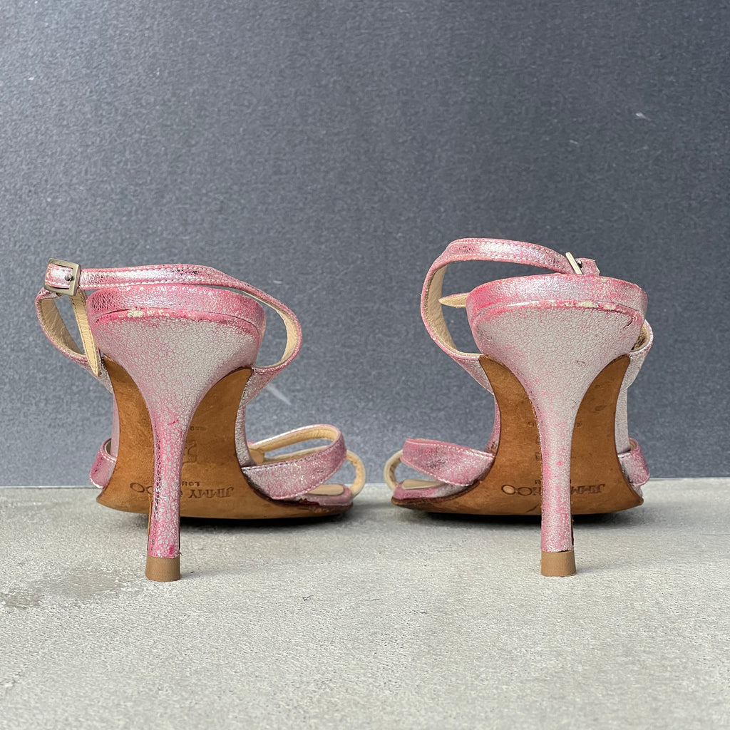 Jimmy Choo | Pink Metallic Leather Strappy Slingback Stiletto Heels (37)