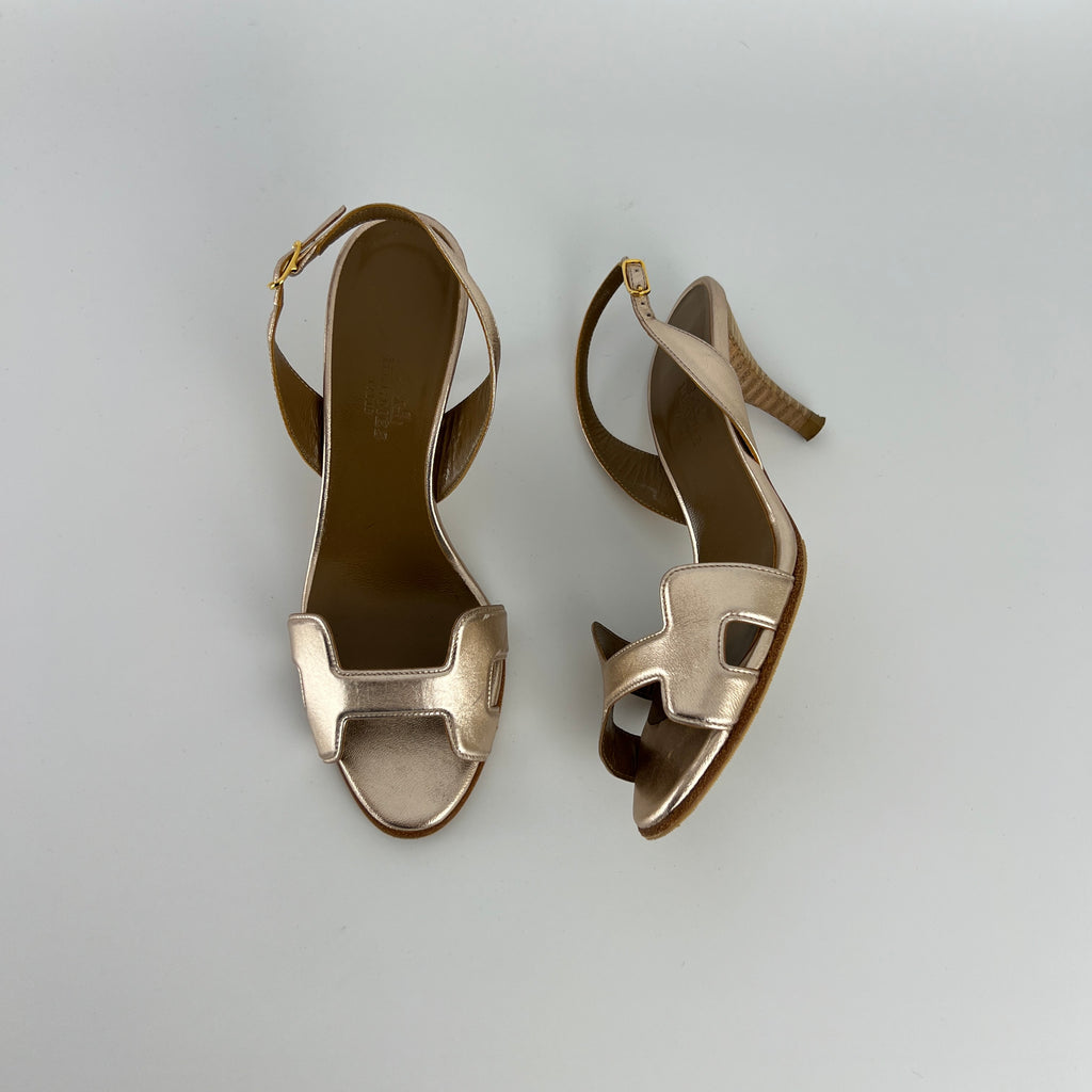 Hermes | Night 70 Metallic Gold H Logo Slingback Stiletto Heels (35)