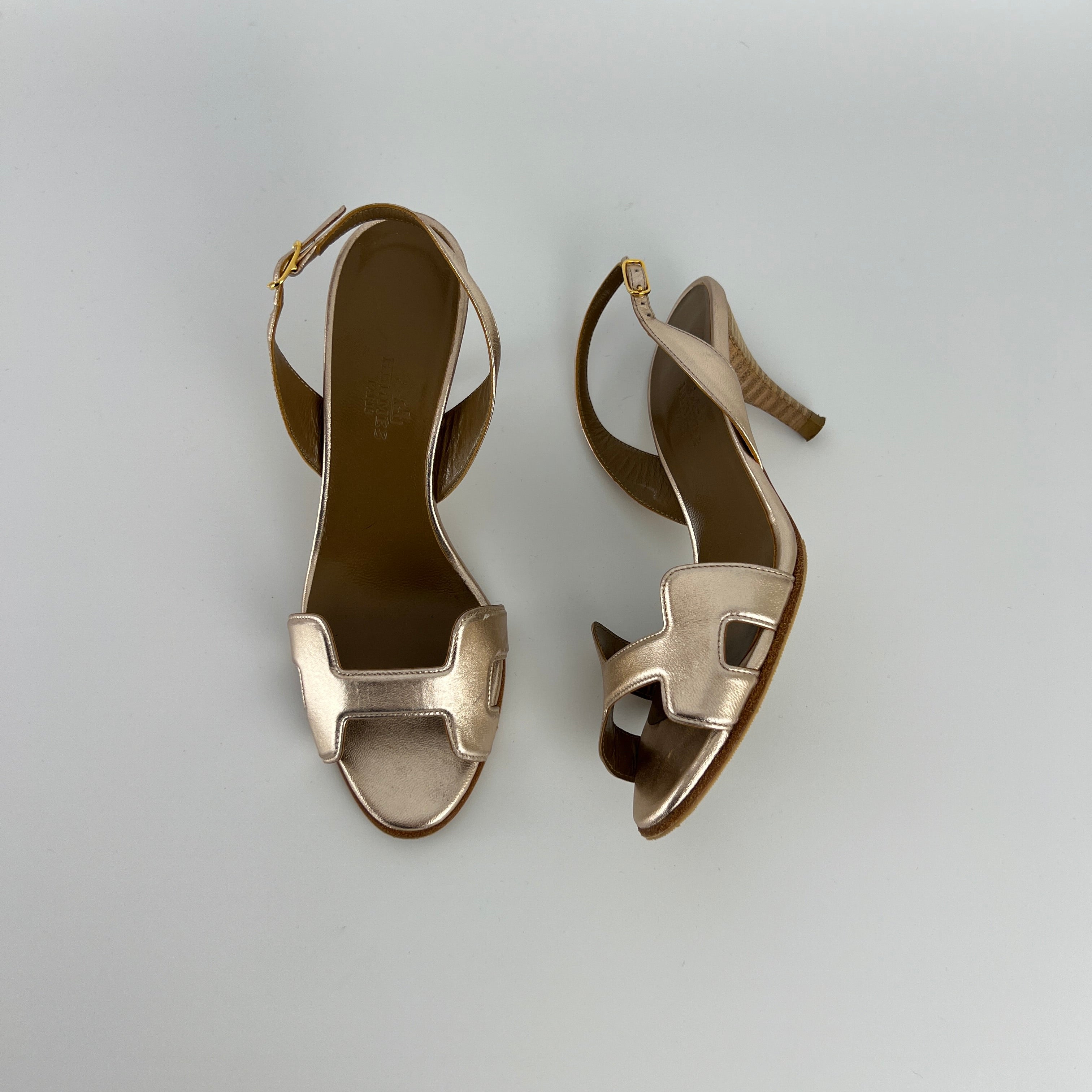 Hermes | Night 70 Metallic Gold H Logo Slingback Stiletto Heels (35)